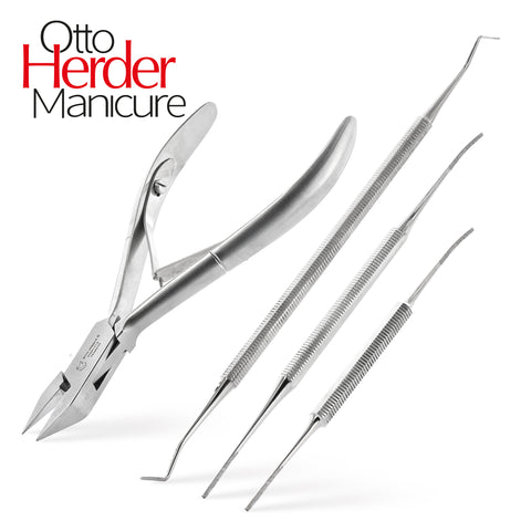 Otto Herder Manicure Pediküre Set aus Nagelzange, Eckenfeilen und Eckenheber, gegen eingewachsene Zehennägel, professionelles Nagelpflegeset aus Edelstahl