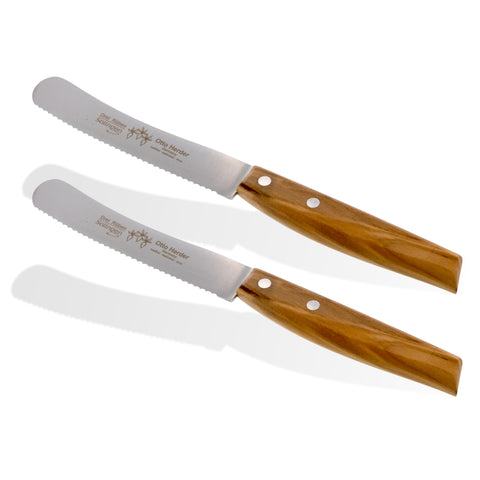 Otto Herder Buckelsmesser – 2er-Set Frühstücksmesser mit breiter Klinge und Wellenschliff, 22,2 cm rostfreier Edelstahl, Griff aus hochwertigem Olivenholz, Made in Germany