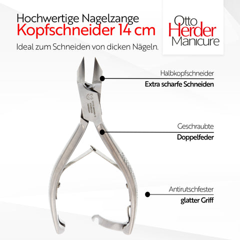 Otto Herder Fußnagelzange – Kopfschneider aus rostfreiem Edelstahl, 14 cm, mit Doppelfeder, ideal für starke Fußnägel, Fußpflege und Pediküre