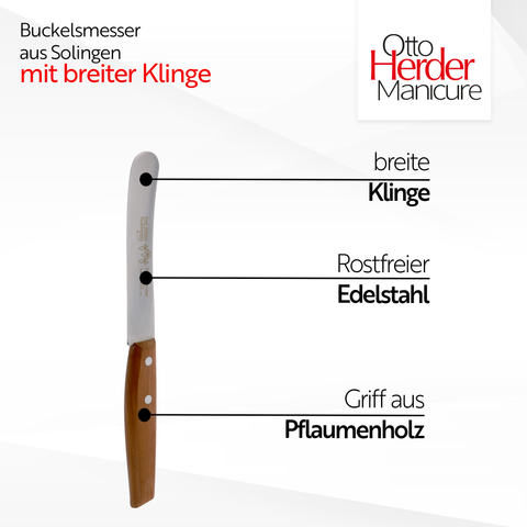 Otto Herder Buckelsmesser – Frühstücksmesser mit breiter Klinge, 22,5 cm rostfreier Edelstahl, Griff aus Pflaumenholz, Made in Germany