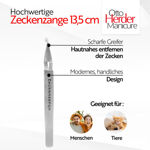 Otto Herder Manicure Zeckenzange 13,5cm, Zeckenpinzette aus Edelstahl für Hunde und Katzen, Kreuzpinzette Zeckenentferner für Menschen