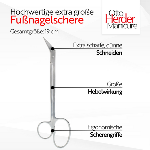 Otto Herder Nagelschere – Extra lange Fußnagelschere mit einseitiger Mikrozahnung, 19 cm rostfreier Edelstahl, ideal für Senioren