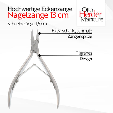 Otto Herder Eckenzange – Nagelzange mit schlanker Spitze, 13 cm rostfreier Edelstahl, für präzise Bearbeitung des Nagelfalzes und Pflege eingewachsener Zehennägel