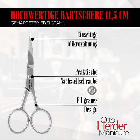 Otto Herder Bartschere – Manicure Schere mit Mikroverzahnung, 11,5 cm rostfreier Edelstahl, Präzision für Bart- und Nasenhaare, Profi-Qualität
