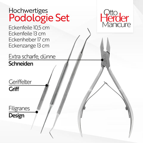 Otto Herder Manicure Pediküre Set aus Nagelzange, Eckenfeilen und Eckenheber, gegen eingewachsene Zehennägel, professionelles Nagelpflegeset aus Edelstahl