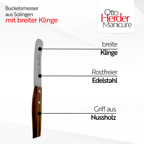 Otto Herder Buckelsmesser – Frühstücksmesser mit breiter Klinge, 22,5 cm rostfreier Edelstahl, Griff aus hochwertigem Nussholz, Made in Germany