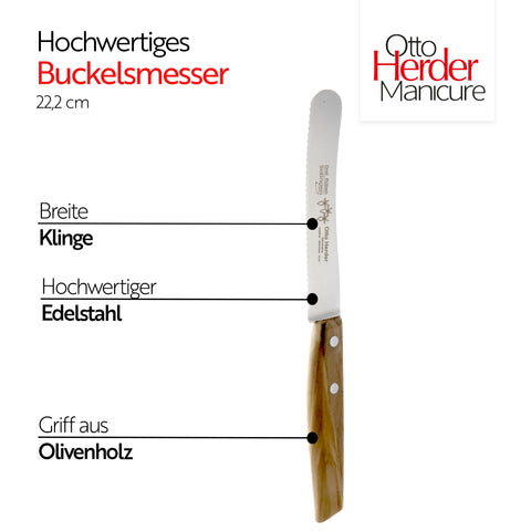 Otto Herder Buckelsmesser Premium – Olivenholzgriff, 22,2 cm, Wellenschliff – Solingen Edelstahl