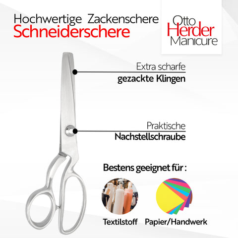 Otto Herder Zackenschere – Manicure Stoffschere mit 5 mm Schnittbreite, 21 cm rostfreier Edelstahl, in Aufbewahrungsbox, ideal zum Schneidern und Basteln
