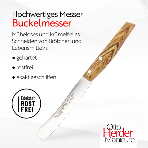 Otto Herder Buckelsmesser aus Solingen – Frühstücksmesser mit Olivenholzgriff, 22,2 cm, Rostfrei, Dünnschliff & Handabzug