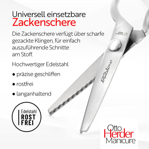 Otto Herder Zackenschere – Manicure Stoffschere mit 5 mm Schnittbreite, 21 cm rostfreier Edelstahl, in Aufbewahrungsbox, ideal zum Schneidern und Basteln
