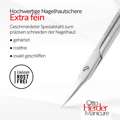 OTTO HERDER Hautschere extra fein 9cm aus Solingen, Extra scharfe Nagelhautschere Turmspitze aus Edelstahl, zur Entfernung abgestorbener Nagelhaut, für Fingernägel und Fußnägel, mit Stopper