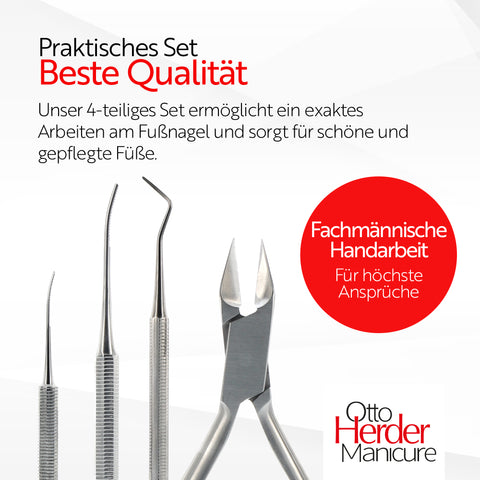 Otto Herder Manicure Pediküre Set aus Nagelzange, Eckenfeilen und Eckenheber, gegen eingewachsene Zehennägel, professionelles Nagelpflegeset aus Edelstahl