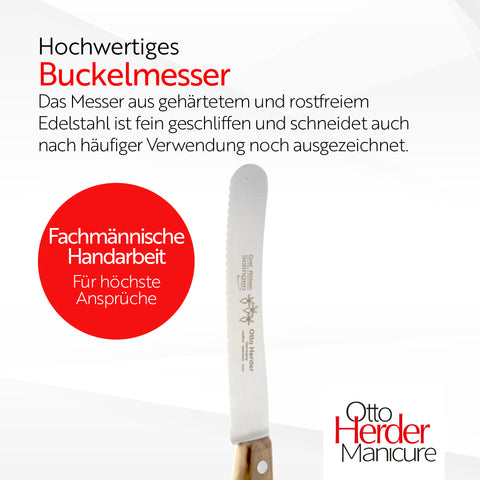 Otto Herder Buckelsmesser – 2er-Set Frühstücksmesser mit breiter Klinge und Wellenschliff, 22,2 cm rostfreier Edelstahl, Griff aus hochwertigem Olivenholz, Made in Germany
