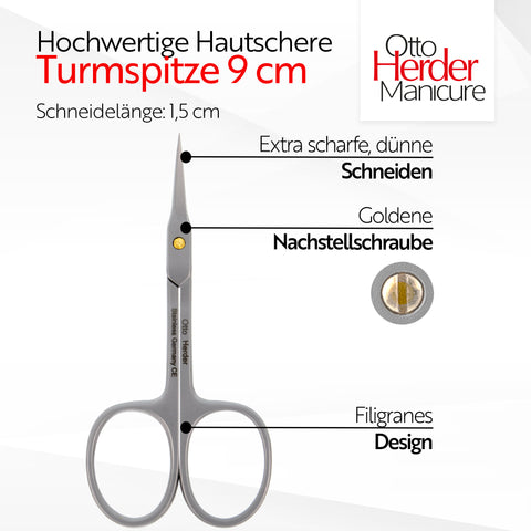 Otto Herder Hautschere – Hochwertige Turmspitzenhautschere aus rostfreiem Edelstahl, 9 cm, mit goldener Schraube, fein und scharf für präzises Entfernen der Nagelhaut