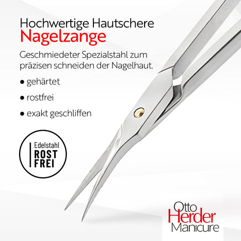 Otto Herder Hautschere – Hochwertige Turmspitzenhautschere aus rostfreiem Edelstahl, 9 cm, mit goldener Schraube, fein und scharf für präzises Entfernen der Nagelhaut