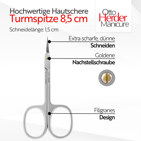 Otto Herder Hautschere – Extra scharfe Nagelhautschere mit goldener Schraube, Turmspitze, 8,5 cm rostfreier Edelstahl, gebogene Schneide (1,5 cm)