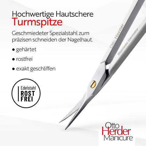 Otto Herder Hautschere – Extra scharfe Nagelhautschere mit goldener Schraube, Turmspitze, 8,5 cm rostfreier Edelstahl, gebogene Schneide (1,5 cm)