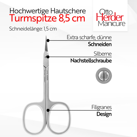Otto Herder Hautschere – Extra scharfe Nagelhautschere mit nachstellbarer Schraube, Turmspitze, 8,5 cm rostfreier Edelstahl, 1,5 cm feine scharfe Schneide