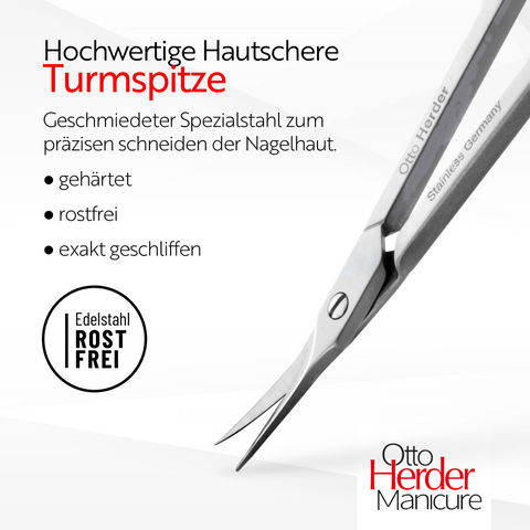 Otto Herder Hautschere – Extra scharfe Nagelhautschere mit nachstellbarer Schraube, Turmspitze, 8,5 cm rostfreier Edelstahl, 1,5 cm feine scharfe Schneide