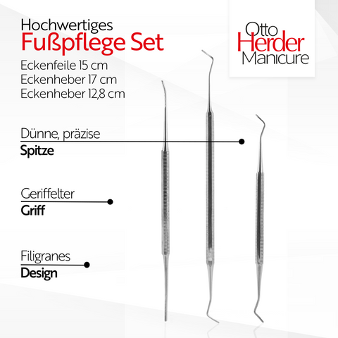 Otto Herder Fußpflege-Instrumenten-Set – 3-teiliges Set: 2x Eckenheber (17 cm und 12,8 cm) und 1x Eckenfeile (15 cm) mit geradem/gebogenem Ende, rostfreier Edelstahl