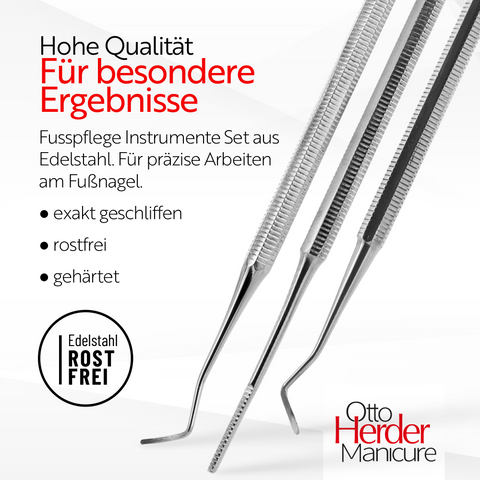 Otto Herder Fußpflege-Instrumenten-Set – 3-teiliges Set: 2x Eckenheber (17 cm und 12,8 cm) und 1x Eckenfeile (15 cm) mit geradem/gebogenem Ende, rostfreier Edelstahl
