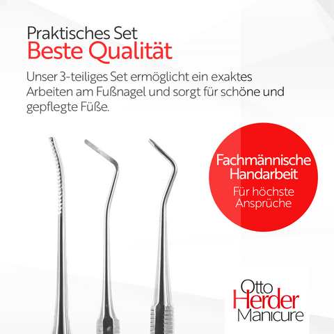 Otto Herder Fußpflege-Instrumenten-Set – 3-teiliges Set: 2x Eckenheber (17 cm und 12,8 cm) und 1x Eckenfeile (15 cm) mit geradem/gebogenem Ende, rostfreier Edelstahl