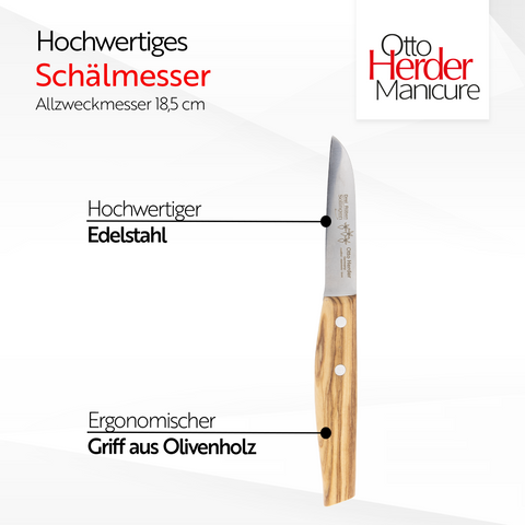 Otto Herder Schälmesser – Obstmesser und Gemüsemesser mit breitem dickem Griff aus Olivenholz, gerade Klinge, rostfrei, extra scharf, Made in Germany