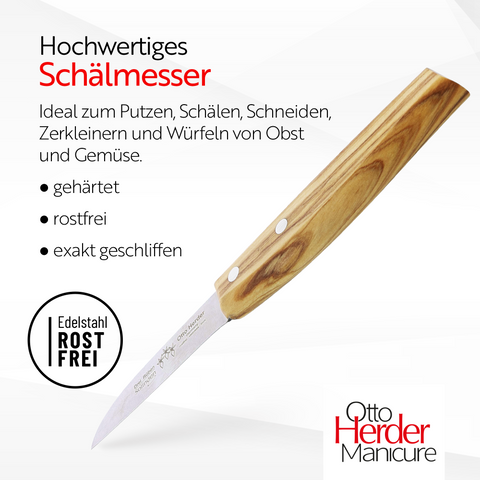 Otto Herder Schälmesser – Obstmesser und Gemüsemesser mit breitem dickem Griff aus Olivenholz, gerade Klinge, rostfrei, extra scharf, Made in Germany