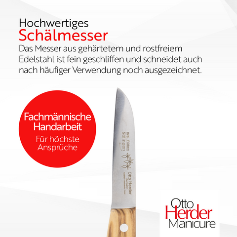 Otto Herder Schälmesser – Obstmesser und Gemüsemesser mit breitem dickem Griff aus Olivenholz, gerade Klinge, rostfrei, extra scharf, Made in Germany