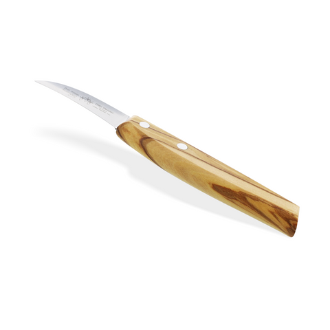 Otto Herder Schälmesser – Gemüsemesser und Obstmesser mit gebogener Klinge (5,9 cm), 16,5 cm Gesamtlänge, breiter Holzgriff aus Olivenholz, rostfrei, Made in Germany
