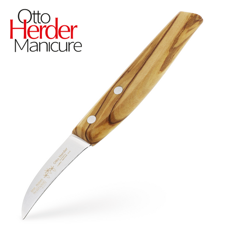 Otto Herder Schälmesser – Gemüsemesser und Obstmesser mit gebogener Klinge (5,9 cm), 16,5 cm Gesamtlänge, breiter Holzgriff aus Olivenholz, rostfrei, Made in Germany