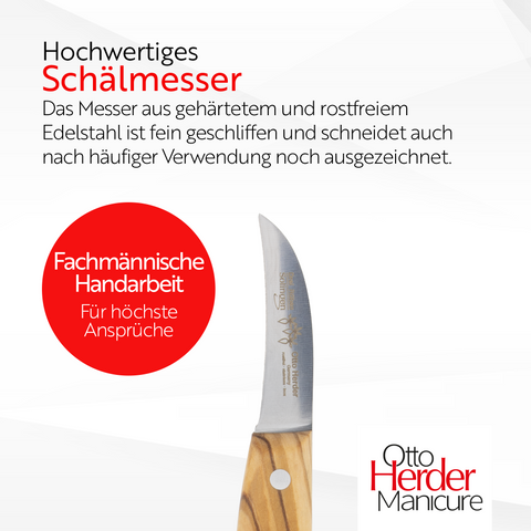 Otto Herder Schälmesser – Gemüsemesser und Obstmesser mit gebogener Klinge (5,9 cm), 16,5 cm Gesamtlänge, breiter Holzgriff aus Olivenholz, rostfrei, Made in Germany