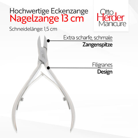 Otto Herder Eckenzange – Nagelzange mit schlanker Spitze, 13 cm rostfreier Edelstahl, für präzise Bearbeitung des Nagelfalzes und Pflege eingewachsener Zehennägel