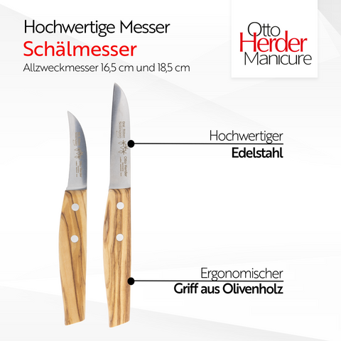 Otto Herder Manicure 2er Set Gemüsemesser mit gerader und gebogener Klinge, Schälmesser mit Olivenholz-Griff, Küchenmesser aus Solingen, rostfreies Kartoffelmesser