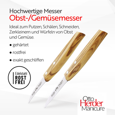 Otto Herder Manicure 2er Set Gemüsemesser mit gerader und gebogener Klinge, Schälmesser mit Olivenholz-Griff, Küchenmesser aus Solingen, rostfreies Kartoffelmesser