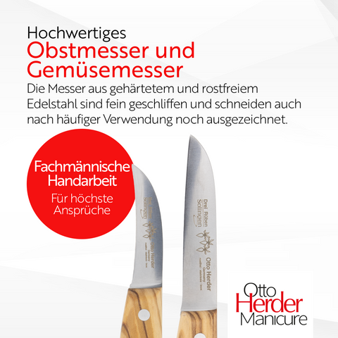 Otto Herder Manicure 2er Set Gemüsemesser mit gerader und gebogener Klinge, Schälmesser mit Olivenholz-Griff, Küchenmesser aus Solingen, rostfreies Kartoffelmesser