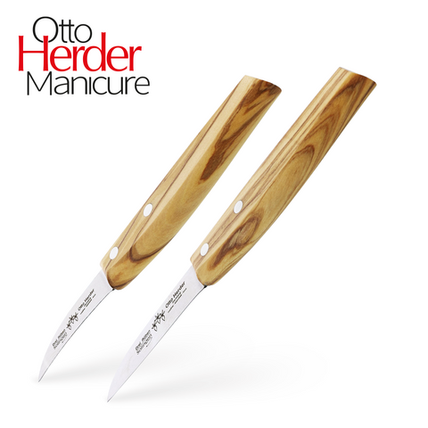 Otto Herder Manicure 2er Set Gemüsemesser mit gerader und gebogener Klinge, Schälmesser mit Olivenholz-Griff, Küchenmesser aus Solingen, rostfreies Kartoffelmesser