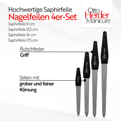 Otto Herder manicure Nagelfeile - 4 Stück Saphirfeile Solingen 3.5"/5"/6"/7" mit schwarzem Griff grob und feines Blatt