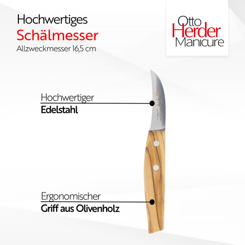 Otto Herder Schälmesser – Gemüsemesser und Obstmesser mit gebogener Klinge (5,9 cm), 16,5 cm Gesamtlänge, breiter Holzgriff aus Olivenholz, rostfrei, Made in Germany