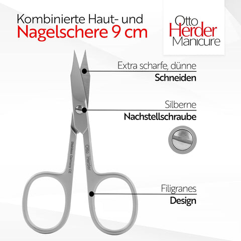 Otto Herder Haut-/Nagelschere – Kombinierte Schere aus rostfreiem Edelstahl, 9 cm, mattiert, mit Stopper, Made in Solingen, von Hand geschliffen für Fußnägel und Nagelhaut