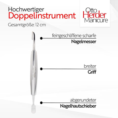 OTTO HERDER NAGELHAUTSCHIEBER NAGELMESSER DOPPELINSTRUMENT - Nagelpflege Doppelinstrument Pusher 12cm rostfrei Matt - 2 in 1 Schieber und Nagelhautmesser zum entfernen abstehender Nagelhaut