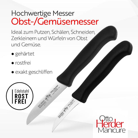 Hochwertiges Otto Herder Schälmesser Set aus Solingen. Extra dicke schwarze Griffe für perfekten Halt. Rostfrei, scharf, Made in Germany